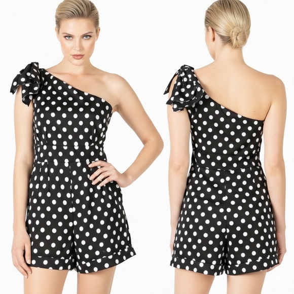 BCBGMAXAZRIA Polka Dots Poplin Romper Shorts Jumpsuit One Shoulder - Picture 11 of 11